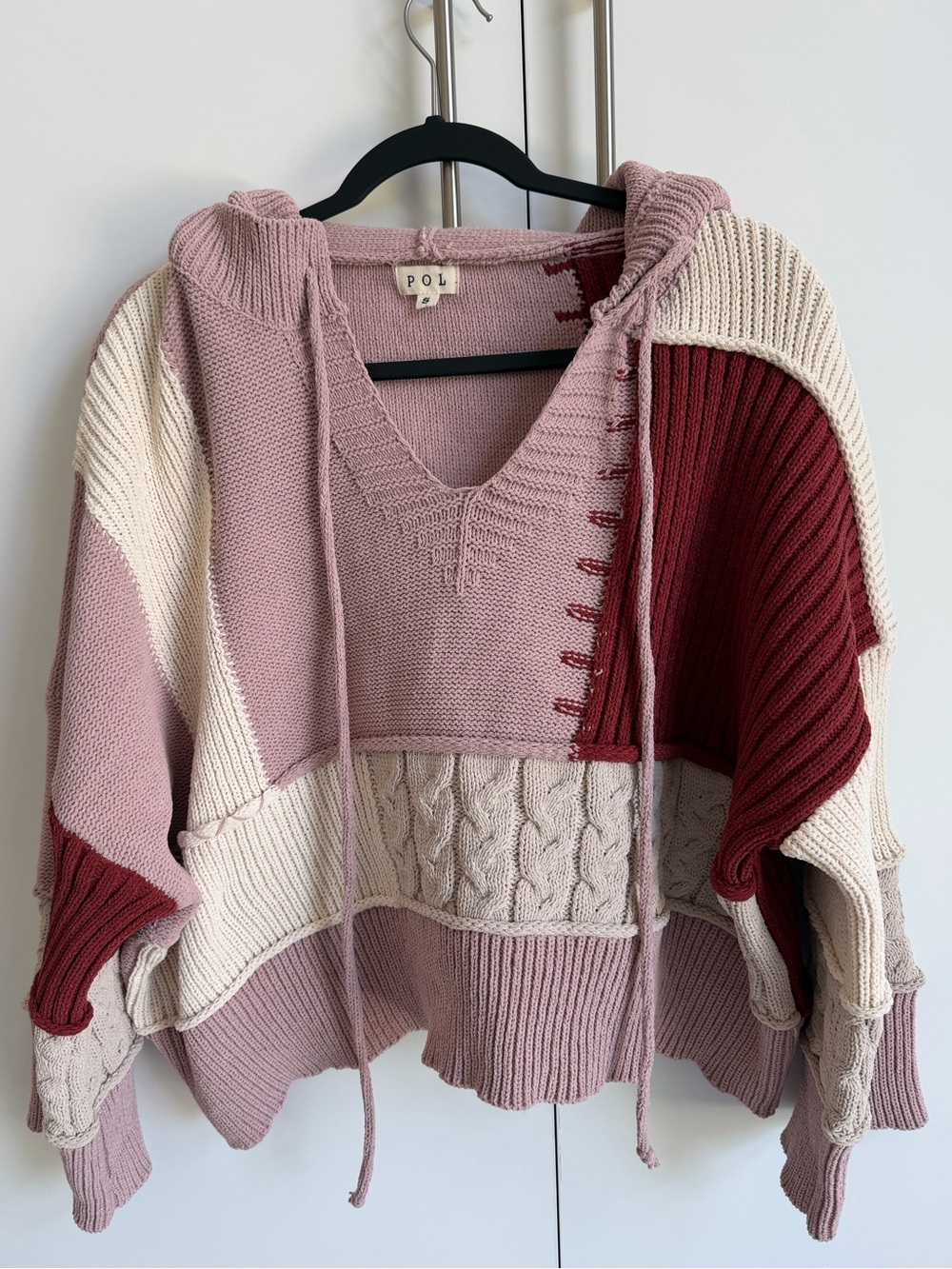 POL Patchwork Cable Knit Hooded Sweater Boho Oversized Small - Picture 2 of 12